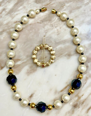Chunky Faux pearl necklace w/ black & gold bead separators & matching hair clip