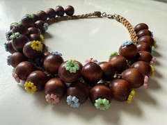 Vtg 1940s Miriam Haskell Style Wood Bead & Leather Cluster Necklace Flower Tips