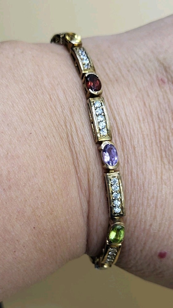 JJ Creation Signed Gold on Sterling Silver Multi Gemstone Bar Link Bracelet 12g