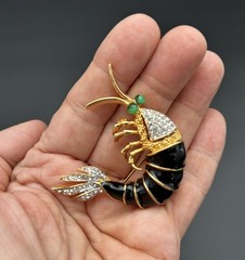 Vintage Signed KENNETH LANE Shrimp Brooch 2.5″ Emerald Eye Couture Statement Pin