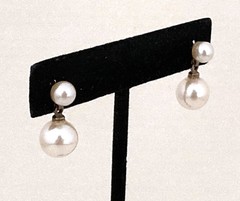 Vintage 21 mm Stud Earrings With 9.5 & 6 mm Cream Color Faux Pearls On Gold Tone