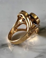 Vtg Womens Round Blue Disk & Rhinestone Cocktail Ring Marked ~ 18kt H.G.E.