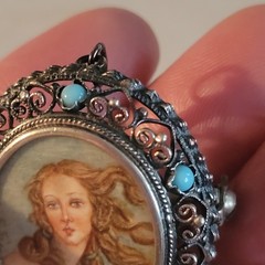 Antique 800 Silver Handpainted Lady Portrait Cameo Brooch Pendant Turquoise Cabs