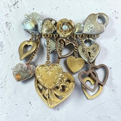 Vintage Sweetheart Charm Dangle Brooch Mixed Metal Hearts Romantic Assemblage