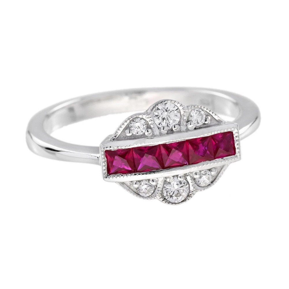 14K White Gold Finish French Cut Ruby Lab Created Diamond Art Deco Style Ring