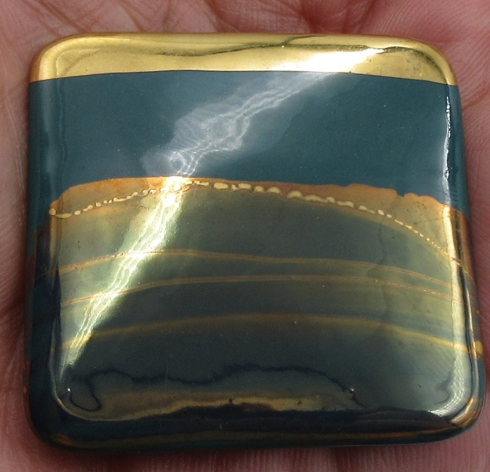 VTG GEOMETRIC 1 5/8″ blue green teal shade gold tone mtl Brooch Pin Costume