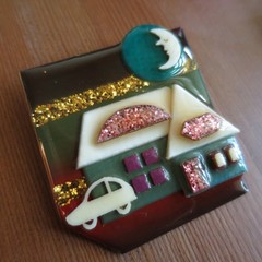 Retro Lucinda House Pin Crescent Man in Moon Gold & Pink Glitter Striped Night