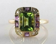 Art Deco 3Ct Emerald Cut Peridot Amethyst Lab Created Diamond 14K Gold FN Ring