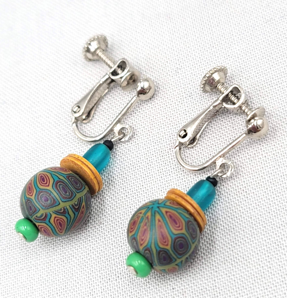 Polymer Clay Bead Multicolor Clip on Earrings Silver tone Dangle 1″