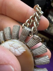 Vintage Necklace Cameo Pendant Shell People Scene Art Oval Silvertone