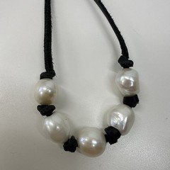 Vintage Nautical Baroque Pearl Nodded Leather Necklace Adustable 10” Drop Choker