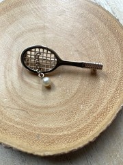 Vintage Signed Avon Gold Tone Tennis Racket Faux Pearl Ball Brooch Sports