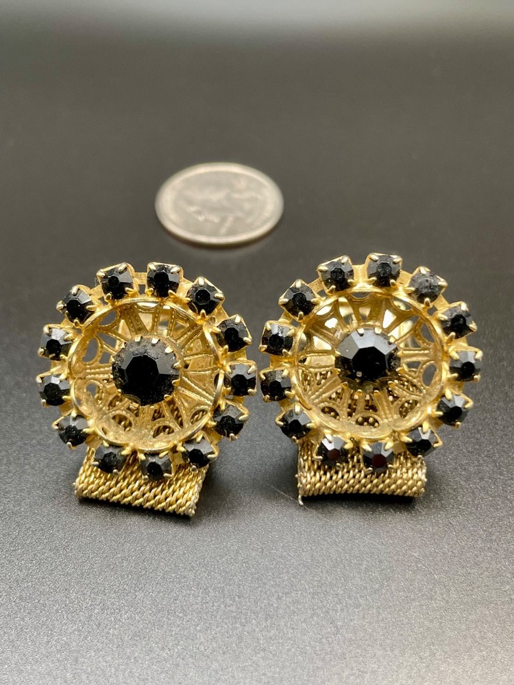 Vintage Mesh Wraparound Gold Tone Jet Black Glass Rhinestone Wheel Cufflinks