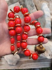 Vintage Beaded Necklace Red Gold Tone Statement Brass Focal Bead 25″