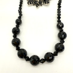Vintage Brooch Necklace Set Black Glass Clear Rhinestones