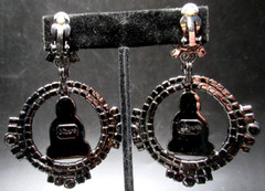 MOANS COUTURE Sparkling Ice Rhinestone Green Faux Jade Buddha Hoop Clip Earrings