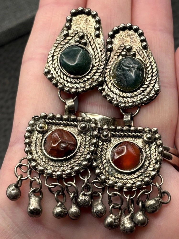 Vintage Boho Tribal Silver Tone Dangle Earrings Green Red Gemstone