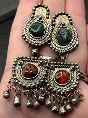 Vintage Boho Tribal Silver Tone Dangle Earrings Green Red Gemstone