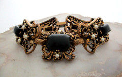 Vintage Chunky Gold faux pearl Black lucite Metal Panel Filigree Bracelet