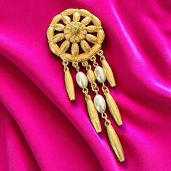 Faux Pearl Waterfall Brooch Gold Tone Dangle Statement Pin Vintage Tona