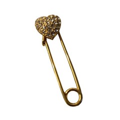 Puffy 3D Heart Rhinestone Gold Tone Saftey Pin Brooch Vintage Clip Fastener