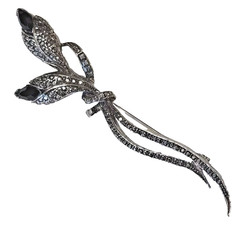 Silver Tone Brooch Onyx Color Stones 3.5 Inches 2 Twist Flower Buds Art Nouveau