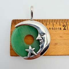 Vintage Crescent Man in the Moon Sterling Silver And Jade Jadiete Pendant NOS