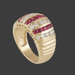Solid 14K Yellow Gold, Seven Row 1.35 CTW Ruby & Diamond Cigar Band Estate Ring