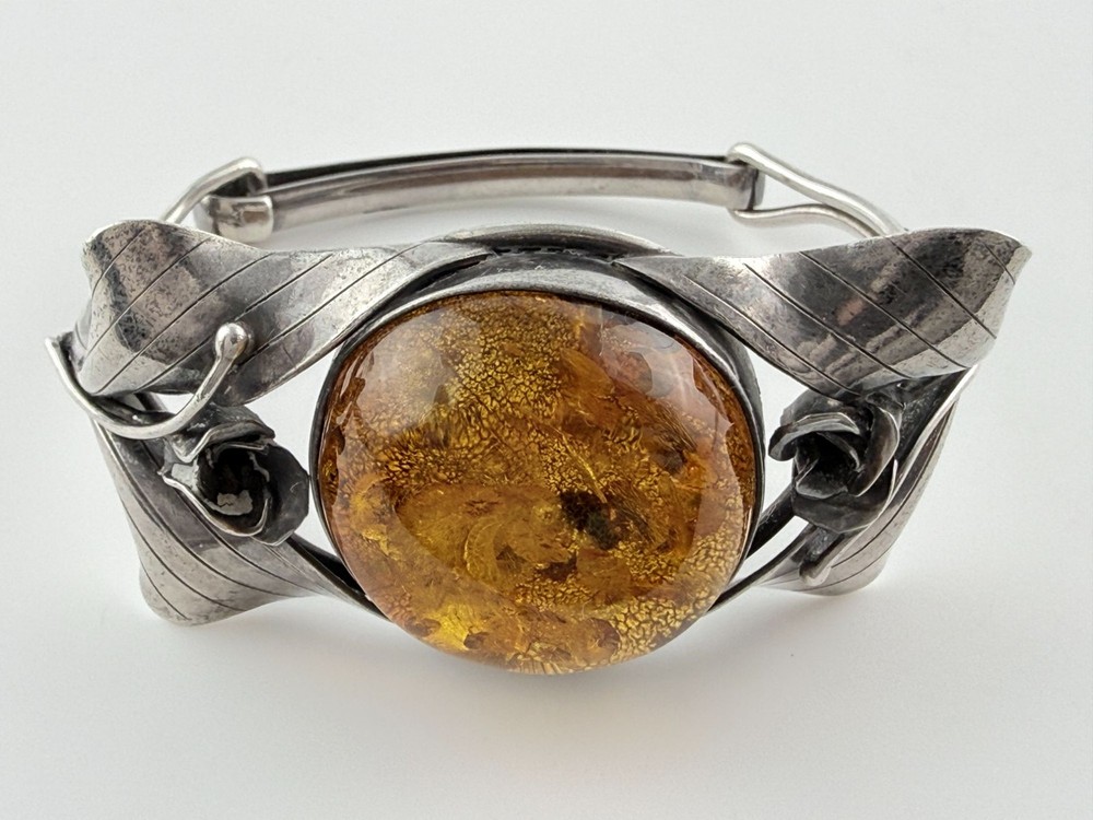 Vintage Sterling Silver Polish Baltic Amber Flower Setting Bangle Bracelet 7 In
