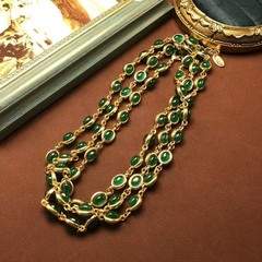 Vintage Green Cabochon Necklace Gold Tone Oval Link Statement Chain