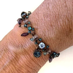 Vintage Cookie Lee Blue Rhinestone On Copper Charm Bracelet Adj. 7-7.75” Toggle