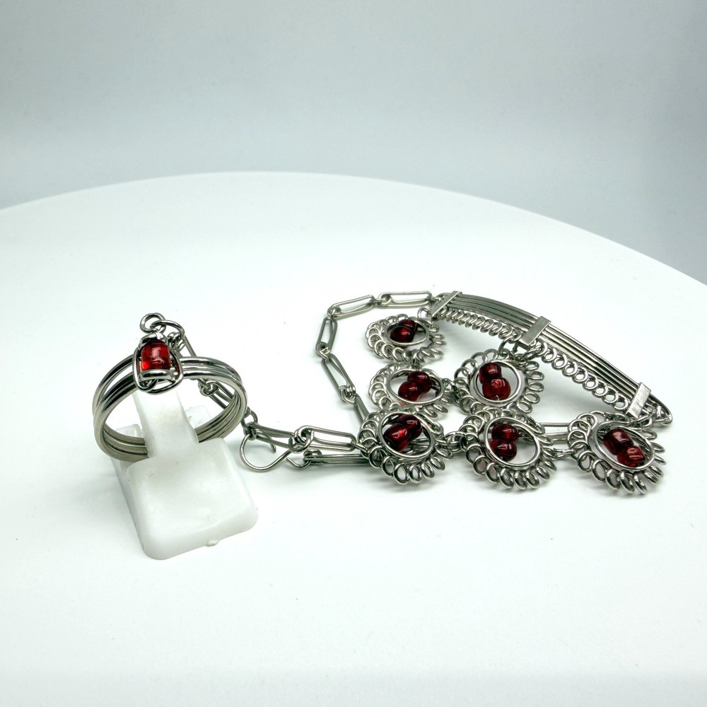 Vintage Y2K Silver Tone Red Glass Bead Slave Bracelet Ring Hand Chain Set Retro