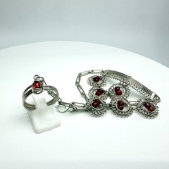 Vintage Y2K Silver Tone Red Glass Bead Slave Bracelet Ring Hand Chain Set Retro