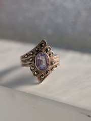 VTG SterlingSilver FAS Marcasite Amethyst Shield RingS6.5 February Birthstone