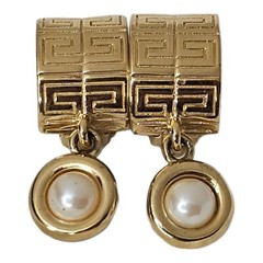 Givenchy Clip Earrings Logo 4G Dangle Pearl Gold Runway Signed 80s Vintage