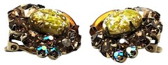Yellow Foil Art Glass Rhinestone Earrings Autumn Colors Vintage Costume Jewelry