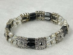 Silver Tone Stretch Bracelet Hematite Faceted Clear Crystal Bead Sparkle