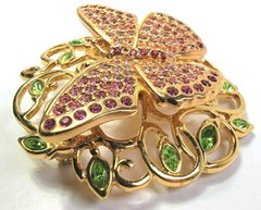 2002 Swarovski Swan Mark Signed Butterfly Brooch Pin Pink Green Rhinestones