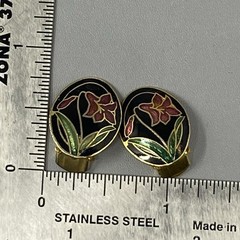 Cloisonne Stud Button Earrings Flower Iris Enamel Black Base Clip On Vintage .75