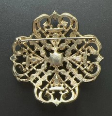 Vtg Champagne Pearl Green Rhinestones Enamel Gold Brooch Art Deco Nouveau Style!