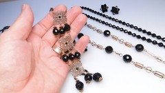 Glamorous Vintage Black Crystal Glass Bead Necklaces Earrings 6pc Necklace Lot