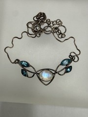 VINTAGE ESTATE STERLING SILVER MOONSTONE CABOCHON BLUE TOPAZ CHAIN NECKLACE 18″