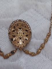 Vintage West Germany Gold Tone Costume Purple Rhinestone Large Pendant Necklace