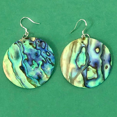 VTG Paua Abalone Shell Round DISK EARRINGS 2.25″ Peacock Blue Green 925 HOOKS