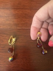 Vtg Red Aurora Borealis Ball Crystal Dangle Drop Clip On Earrings Gold Tone