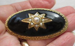 Vintage 1928 Brand Faux Seed Pearl Domed Oval Black Enamel Brooch Pin Gold Tone