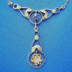 Original EARTH MINED DIAMOND SAPPHIRE Deco Pendant 14K GOLD Antique Necklaces