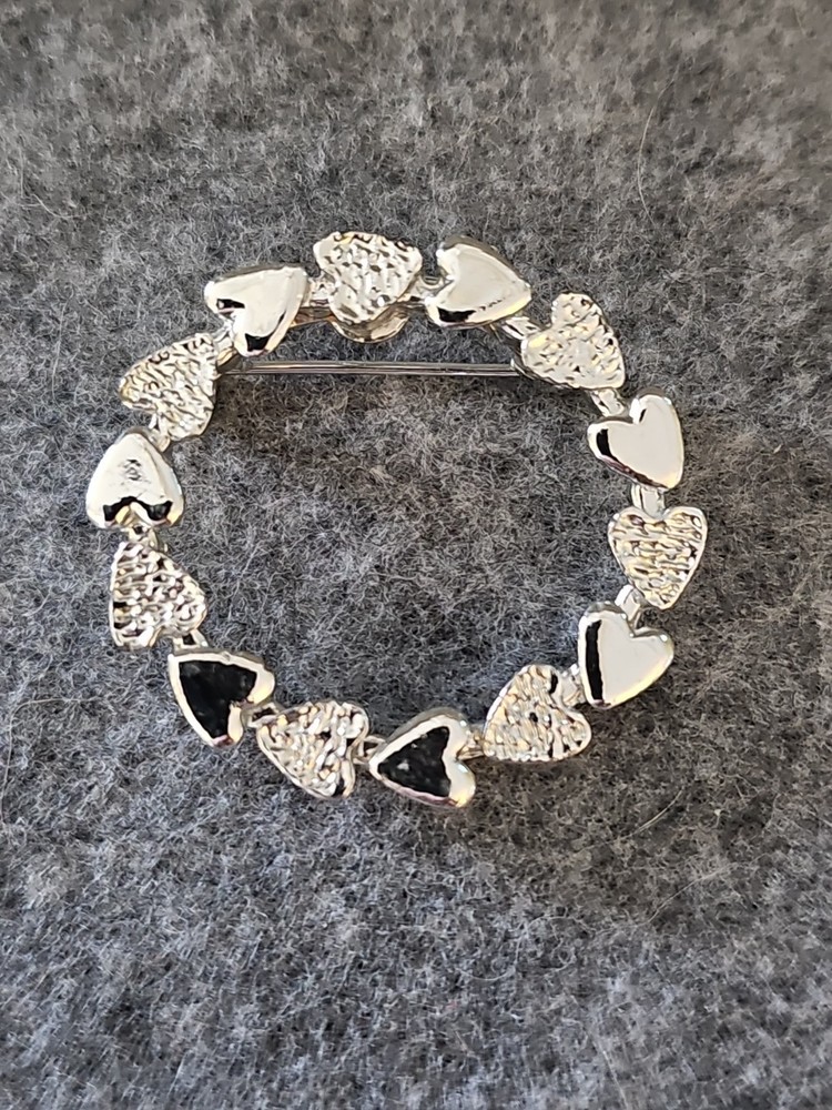 Silver Tone Heart Circle Brooch Pin. Mother’s Day Gift.