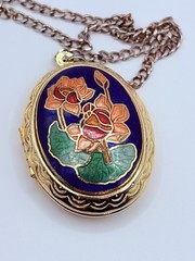 Vintage Longla Cloisonne Enamel Lotus Flower Locket Watch Pendant Art Deco Style