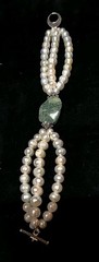Vintage Cultered TRIPPLE STRAND White Pearl And GREEN Cabochon Bracelet ~8.5in.